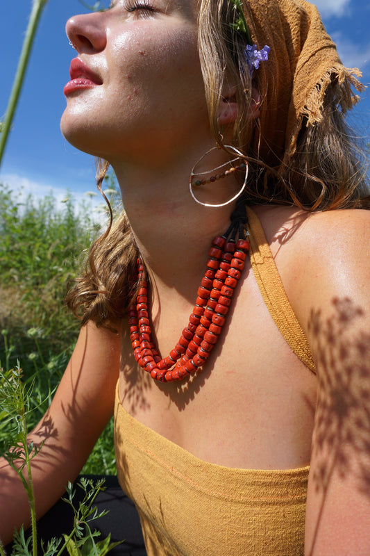 Tibetan Coral • antique glass beads necklace • handmade in nepal