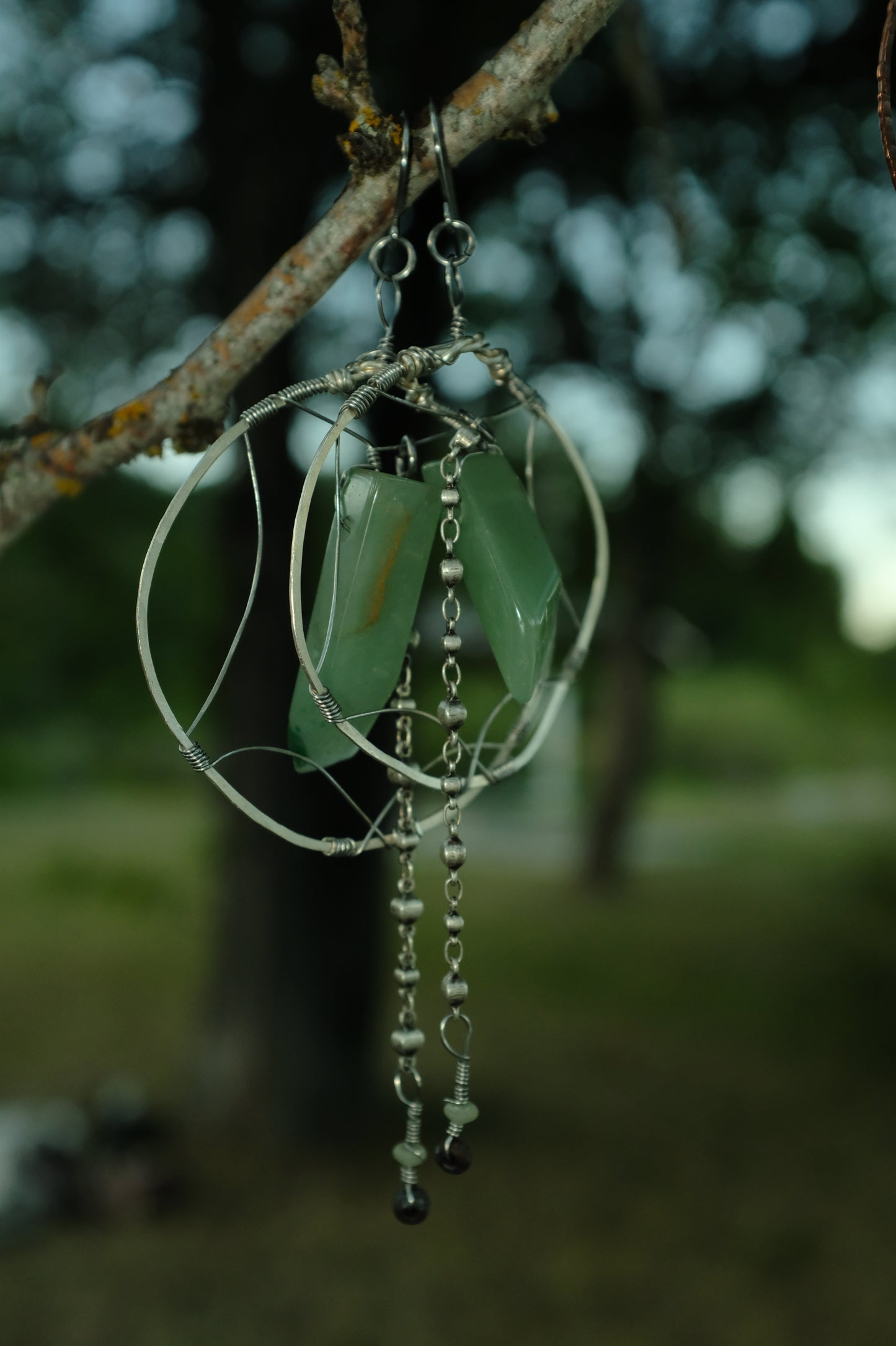 Aventurine Arc ~ wire wrapped aluminum hoops • silver dangles