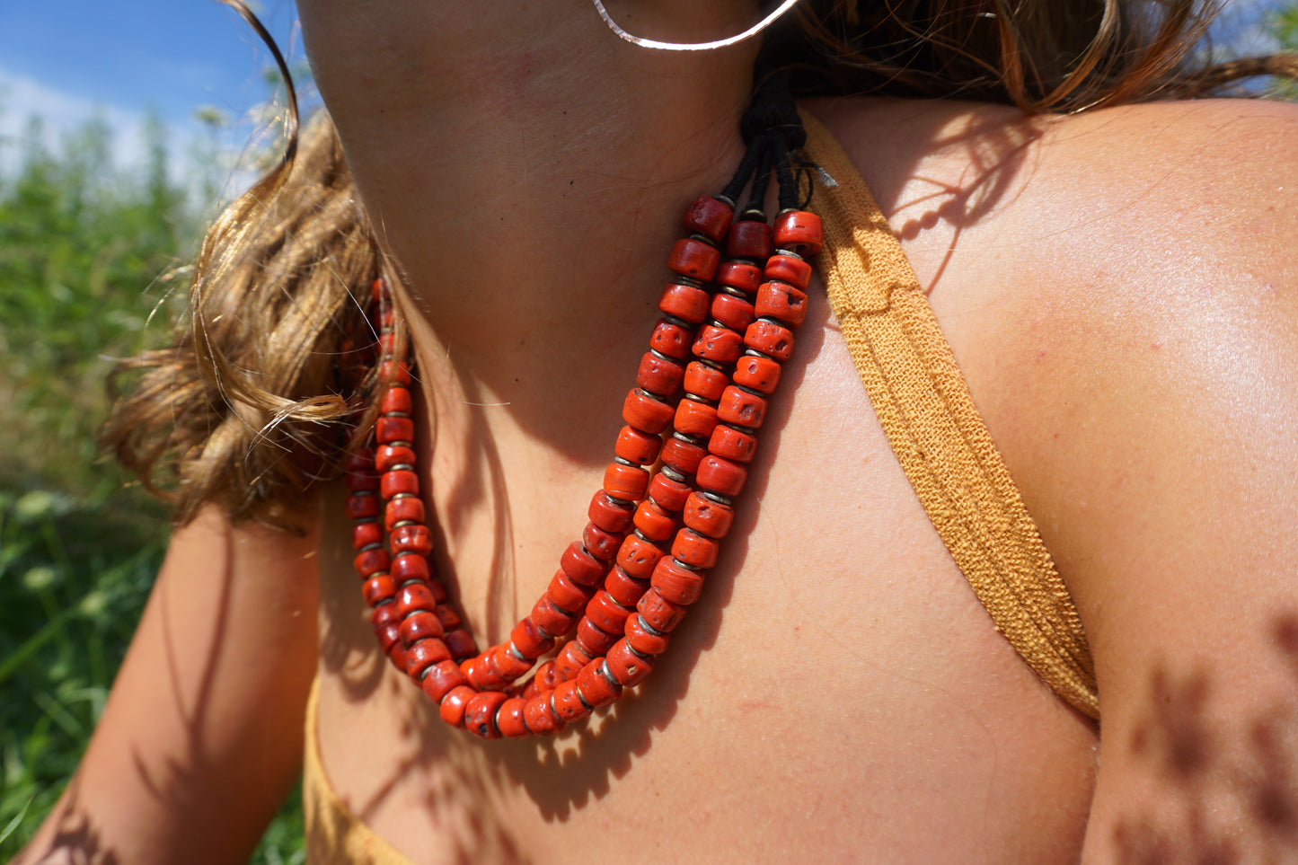 Tibetan Coral • antique glass beads necklace • handmade in nepal