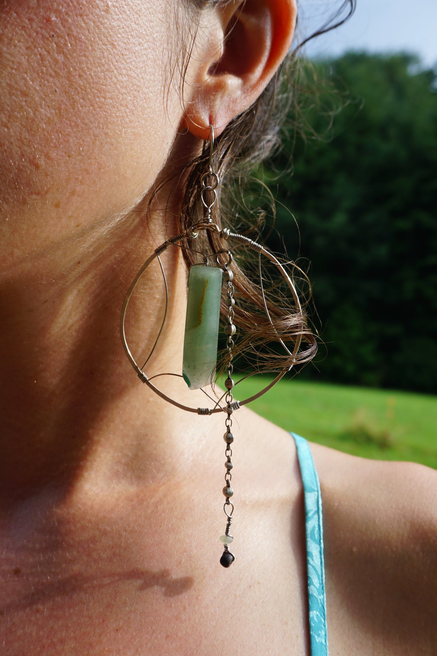 Aventurine Arc ~ wire wrapped aluminum hoops • silver dangles