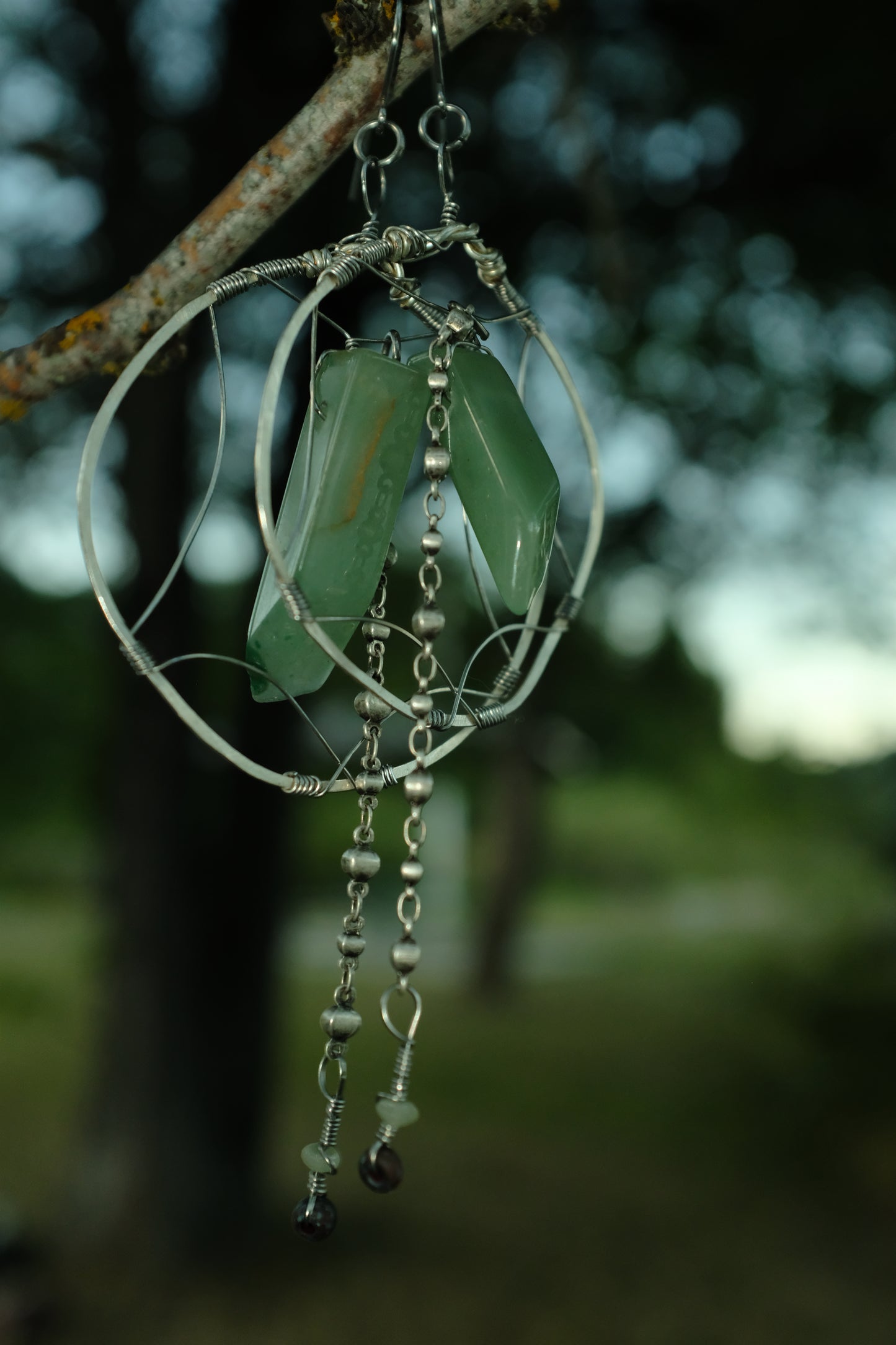 Aventurine Arc ~ wire wrapped aluminum hoops • silver dangles